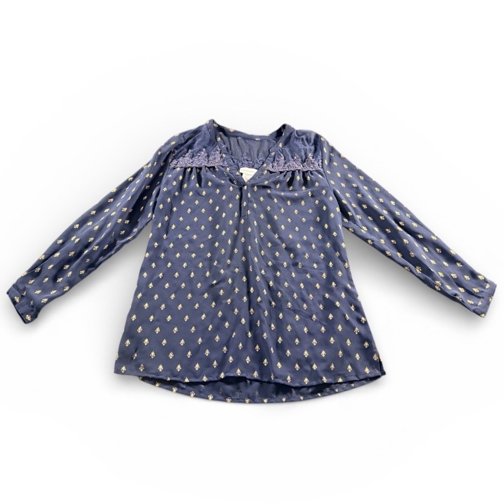 Soft Surroundings Navy Blue Gold Medallion Print Sheer Beaded Neckline‎ Tunic M